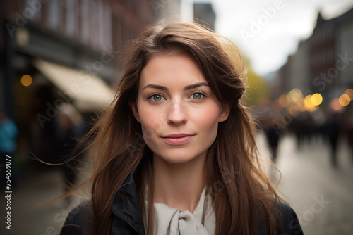 White Beautiful Woman in her 20s or 30s talking head shoulders shot bokeh out of focus background on a cosmopolitan western street vox pop website review or questionnaire candid photo