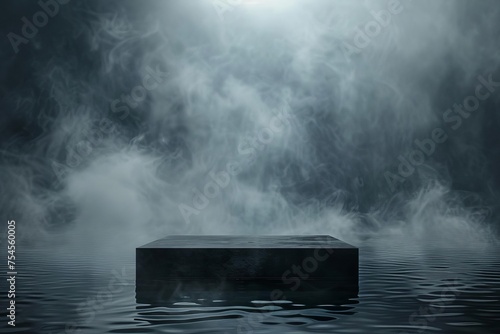 Abstract concept with a dark theme Featuring a podium surrounded by mist and water Ideal for showcasing products