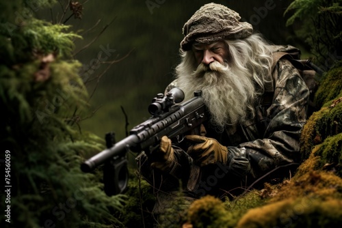 Patient Man wearing camouflage and aiming with hunting rifle in forest. Outdoor ammo game hunter. Generate Ai photo