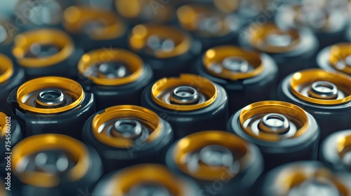 A closeup of used alkaline batteries arranged in rows emphasizes the need for energy and the importance of recycling photo