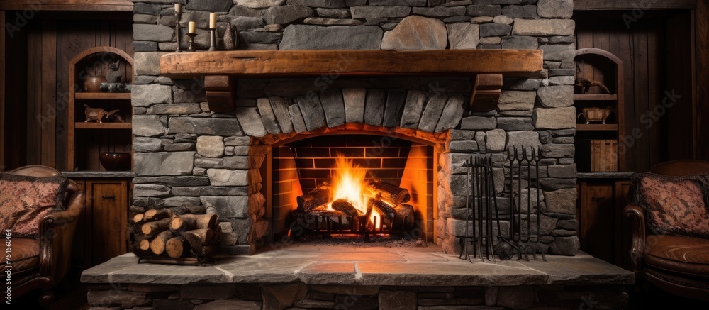 A front view of a stone fireplace in a rural house, with a roaring fire burning brightly. The flames flicker and dance, casting a warm glow in the room.