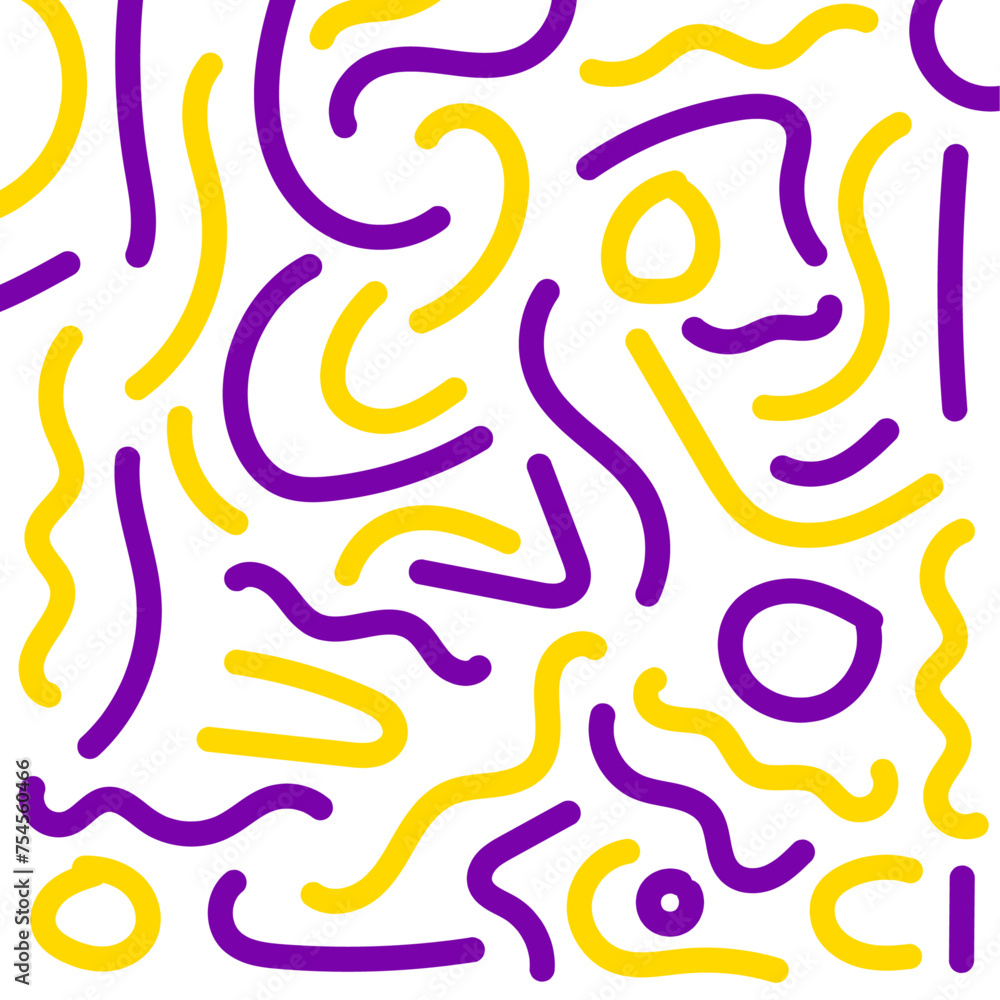 vector purple and yellow random hand drawn doodle pattern for background, wallpaper, packaging, wrapping paper, etc.