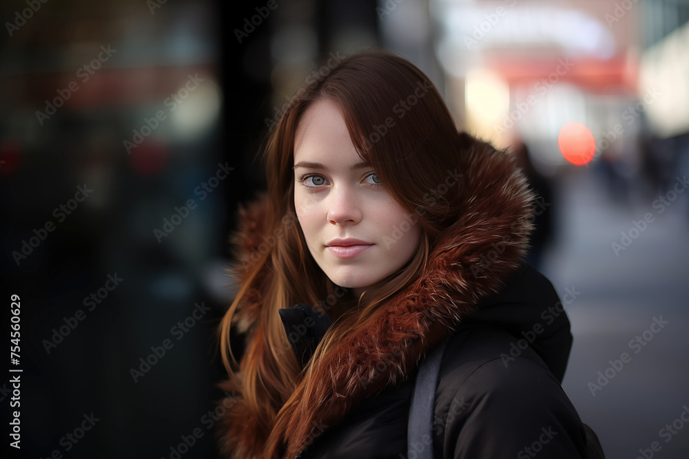 White Beautiful Woman in her 20s or 30s talking head shoulders shot bokeh out of focus background on a cosmopolitan western street vox pop website review or questionnaire candid photo