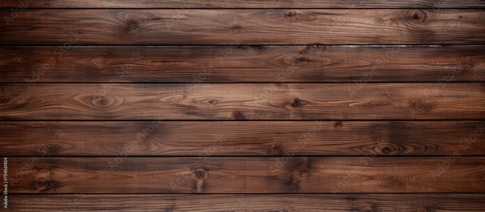 Naklejka premium A close-up view of a wooden wall with a dark coffee brown stain covering its surface. The natural wooden planks display a textured background, adding depth to the overall appearance.