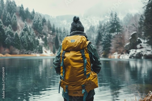 Hiker appreciating nature Adventure and exploration theme Outdoor lifestyle