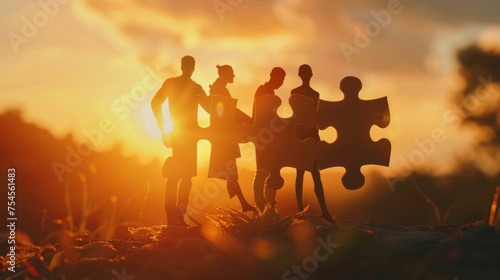 A team's silhouette shows systematic support and motivation towards employee growth with a jigsaw puzzle against a natural blur.