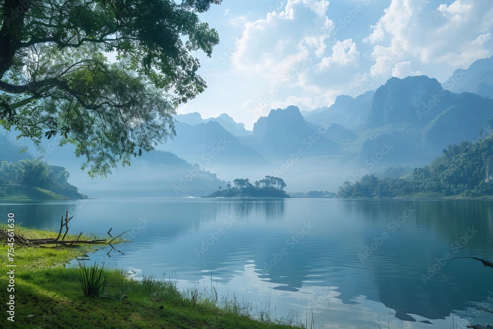 Lake and mountains serene landscape Natural beauty and tranquility