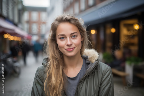 White Beautiful Woman in her 20s or 30s talking head shoulders shot bokeh out of focus background on a cosmopolitan western street vox pop website review or questionnaire candid photo