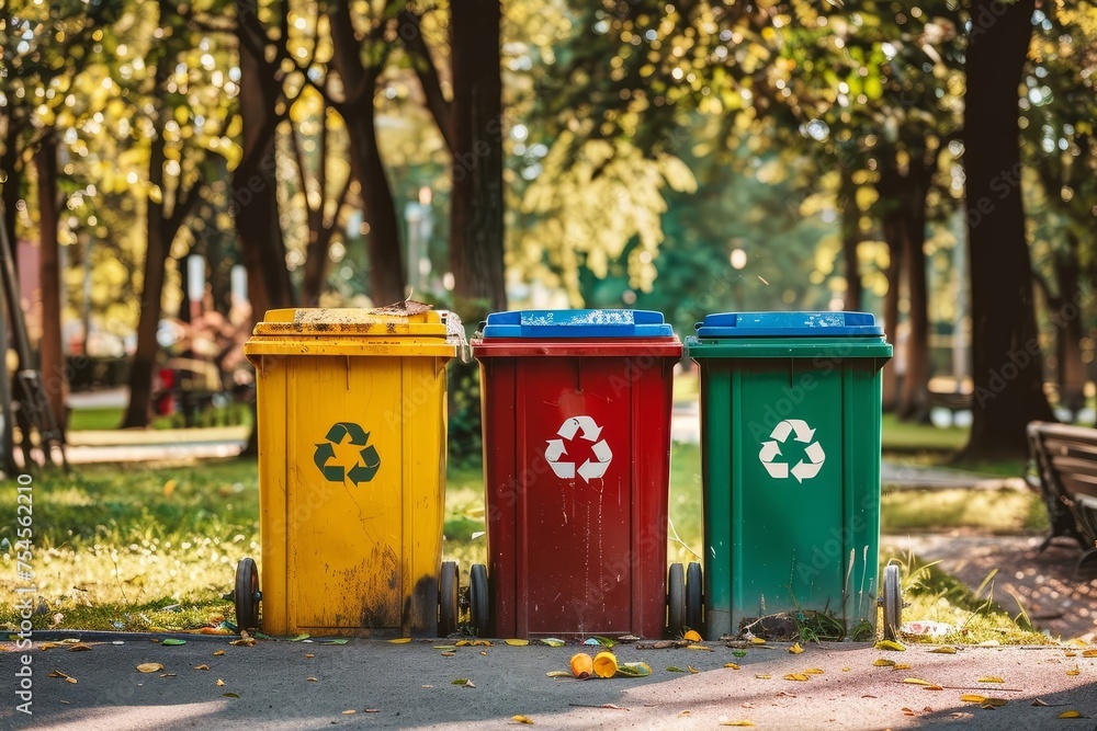 Recycling bins in city park Community environmental responsibility Clean and green Recycling bins in city park Community environmental responsibility Clean and green