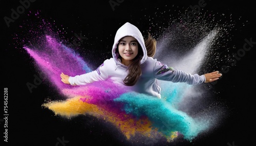 Dust Explosion Effect hooded teenager leaps into the air, isolated on a dark background 
