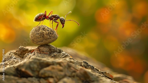 An ant's Sisyphean task of rolling a stone uphill symbolizes endless effort photo