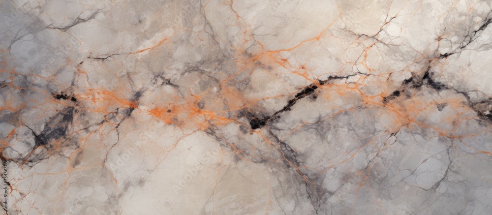 An up-close view of a high-resolution Italian marble slab with orange accents. The marble surface features a textured limestone pattern with elements of grunge stone.