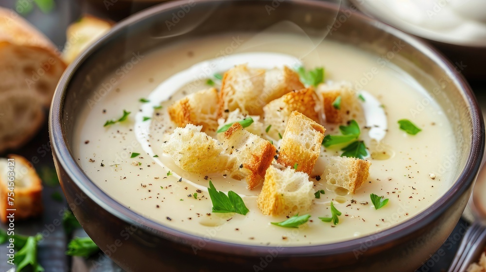 Cream soup and bread croutons are arranged visually attractive, evenly distributed in the frame. The soup is decorated with fresh herbs or a small amount of cream.
