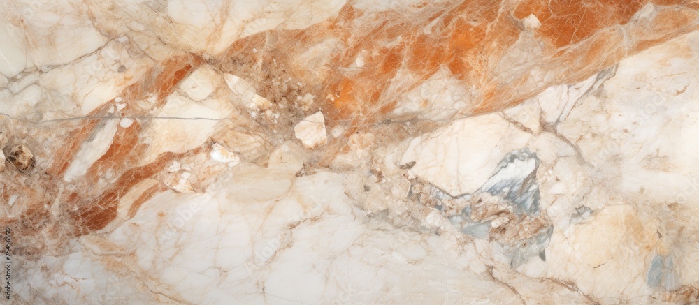 A detailed view of a marble surface featuring brown and white colors. The close-up highlights the intricate patterns and textures of the high-quality Italian marble slab, revealing a polished,