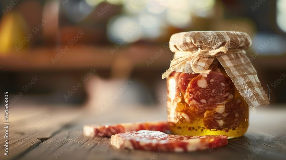 glass jar with canned meat on a rustic wooden table. In the background are elements such as fresh produce or farming tools to reinforce the concept of organic farming. glass jar with canned meat on a rustic wooden table. In the background are elements such as fresh produce or farming tools to reinforce the concept of organic farming.