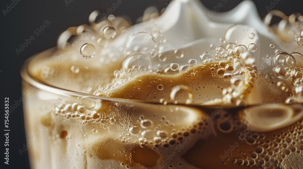 the fluffy and creamy texture of whipped coffee on top of an ice-cold drink, the intricate details of the coffee foam. the fluffy and creamy texture of whipped coffee on top of an ice-cold drink, the intricate details of the coffee foam.
