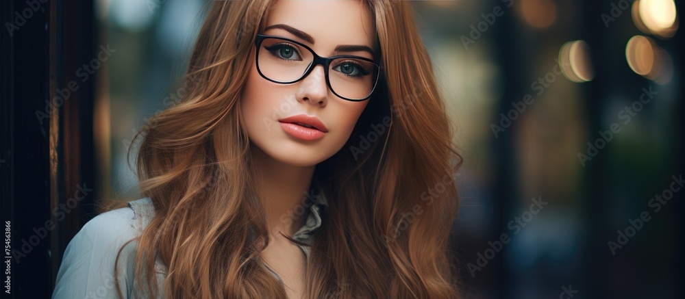 A young woman with long vibrant red hair is seen wearing chic glasses, showcasing her unique style and fashion sense. A young woman with long vibrant red hair is seen wearing chic glasses, showcasing her unique style and fashion sense.