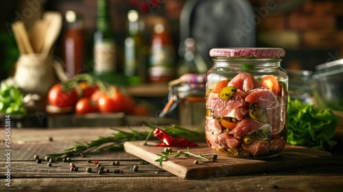 glass jar with canned meat on a rustic wooden table. In the background are elements such as fresh produce or farming tools to reinforce the concept of organic farming.