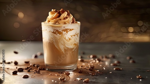 The elements of cold coffee in the glass are placed visually attractive. Decorations such as cocoa powder or chocolate chips to add extra visual interest. photo