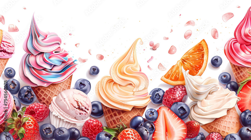 summer concept, icecream cones blueberry ,strawberry ,pistachio ,almond ,orange and cherry and sprinkles , different flavour cones 