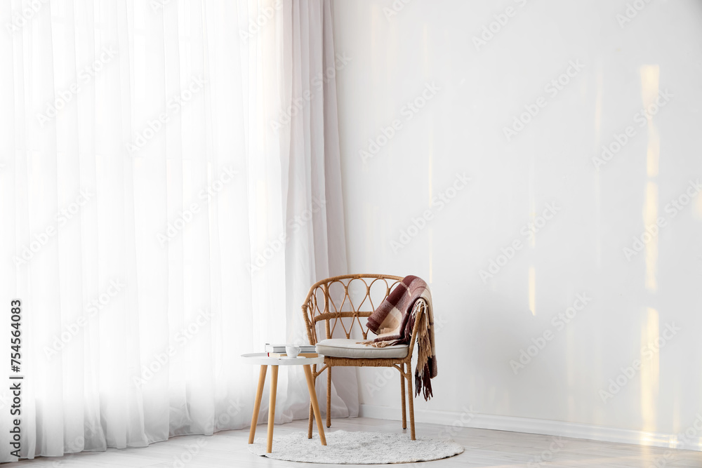 Interior of room with light curtain, armchair and table - obrazy, fototapety, plakaty 