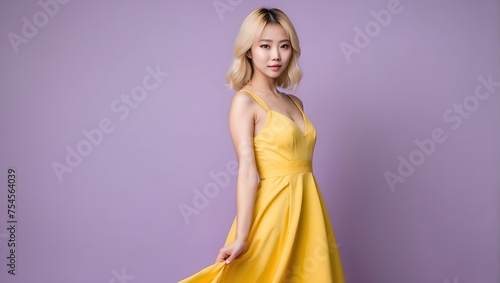 Pose of a beautiful female model in her 25s wearing a yellow dress on a light purple background, studio shot, advertising space