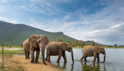 A group of elephant families go to the water's edge for a drink - African elephants standing near lake
