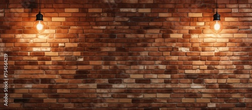 A modern brick wall with three bright lights mounted on it, enhancing the interior design of a home, hotel, or office space. The lights add a contemporary touch to the empty wall,