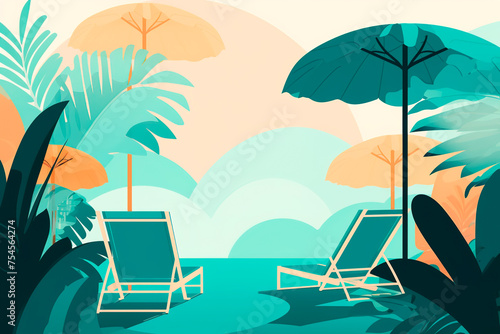 Spending a holiday at the sea. Chaise lounges and umbrellas on the beach. Seaside vacation