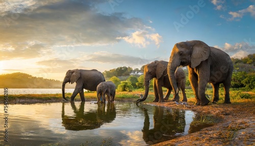A group of elephant families go to the water s edge for a drink - African elephants standing near lake