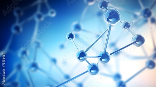 A blue and white image of molecules with a blue background