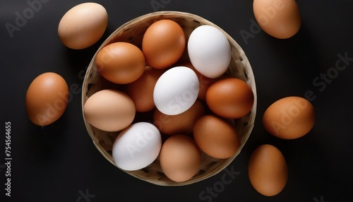 High quality photo. Brown and white chicken eggs isolated on black background. top view