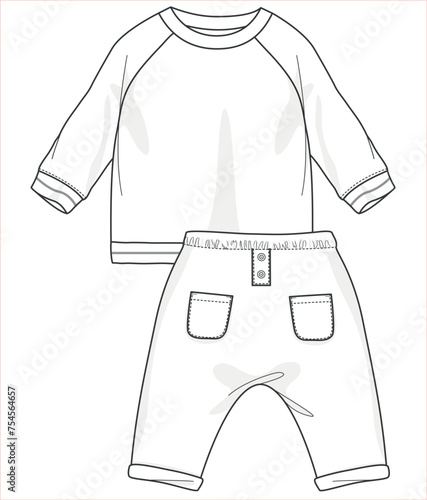 Adorable Designs for Newborns, Vector Illustrations of Baby Clothes, Flat Sketches, and Technical Drawings. Baby Clothing Collection and Sets. Bottom and top set designs for babies.