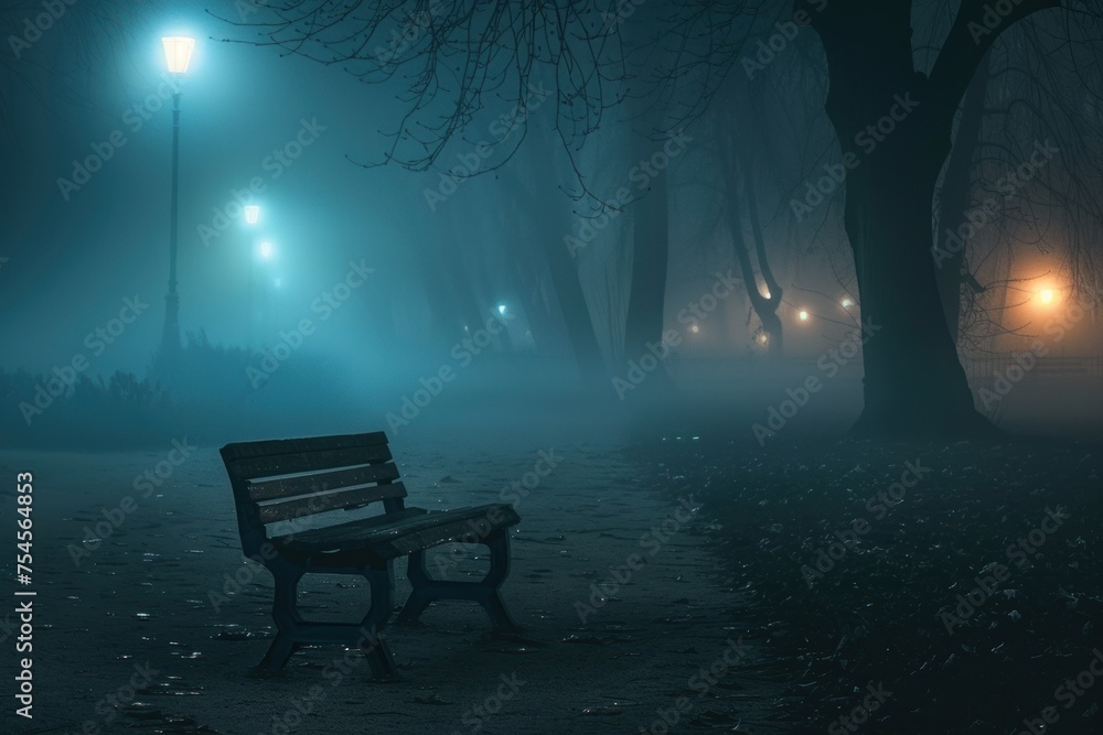 An empty bench in a foggy park at night
