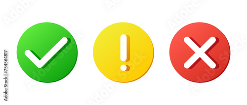 set of V and X icons, cross and tick symbols, exclamation rounded buttons, check mark vector icon, green yellow red