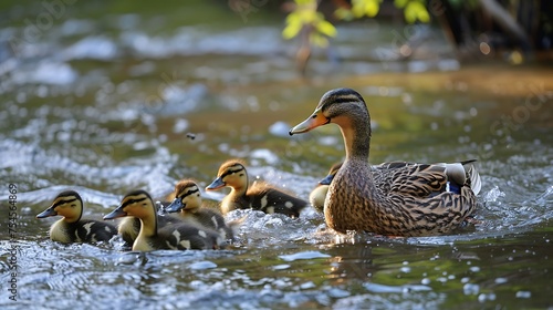 duck in the river with their chuldren