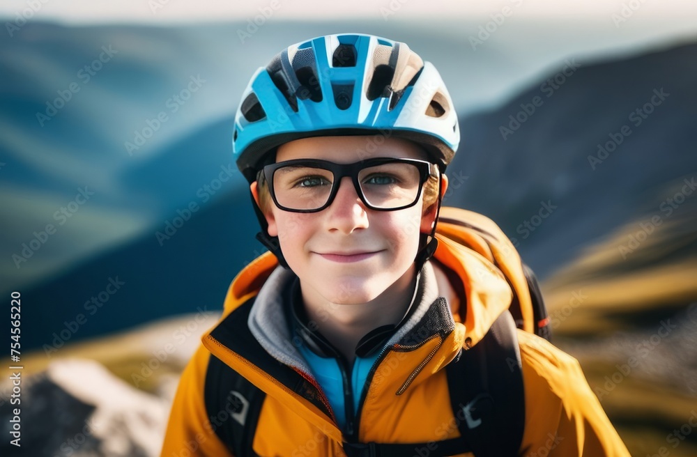 Young boy wearing helmet and glasses stands confidently before towering mountain backdrop ready for adventure and exploration. He may be gearing up for bicycle ride or some other outdoor activity. Young boy wearing helmet and glasses stands confidently before towering mountain backdrop ready for adventure and exploration. He may be gearing up for bicycle ride or some other outdoor activity.