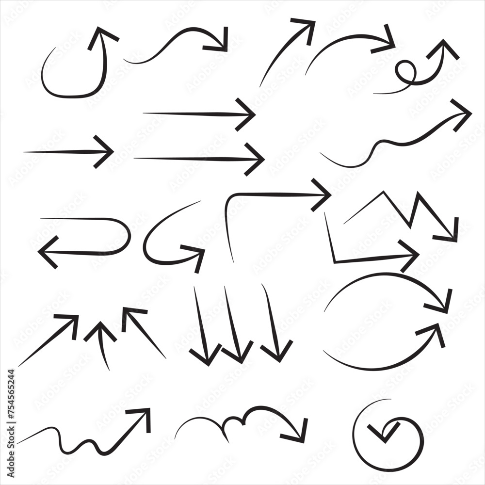 Fototapeta premium Collection hand drawn arrows. Set simple arrows isolated on white background. Arrow mark icons. Arrow paint 