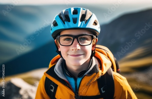 Young boy wearing helmet and glasses stands confidently before towering mountain backdrop ready for adventure and exploration. He may be gearing up for bicycle ride or some other outdoor activity.