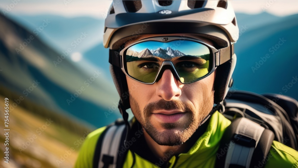 Man wearing helmet and sunglasses glasses stands confidently before towering mountain backdrop ready for adventure, exploration. He may be gearing up for bicycle ride, some other outdoor activity. Man wearing helmet and sunglasses glasses stands confidently before towering mountain backdrop ready for adventure, exploration. He may be gearing up for bicycle ride, some other outdoor activity.
