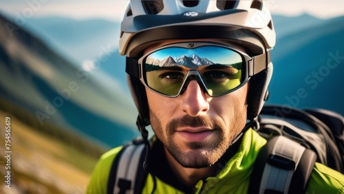 Man wearing helmet and sunglasses glasses stands confidently before towering mountain backdrop ready for adventure, exploration. He may be gearing up for bicycle ride, some other outdoor activity.