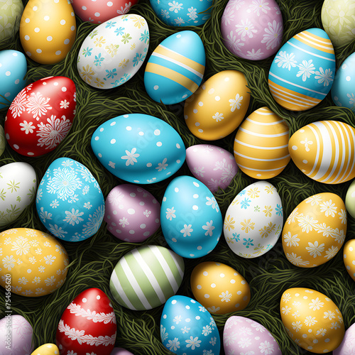Ovos de páscoa coloridos vistos de cima. Vários ovos de páscoa com estampas coloridas sobre gramado verde. photo