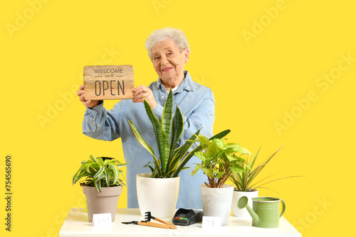 Senior florist with OPEN sign and plants on counter against yellow background
