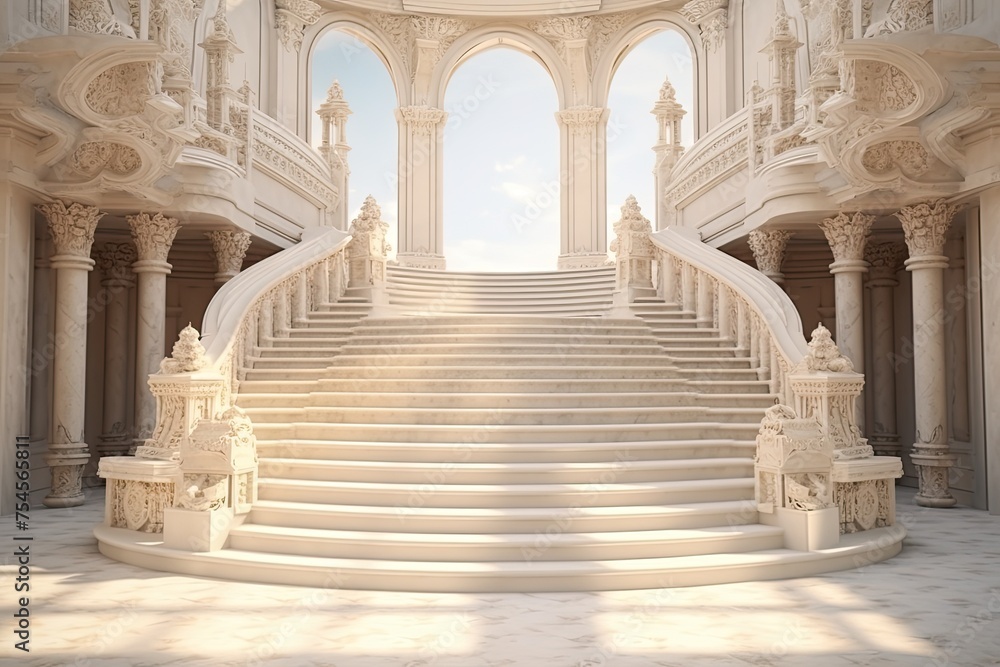 Marble staircase ascends towards radiant light, stairway to heaven concept
