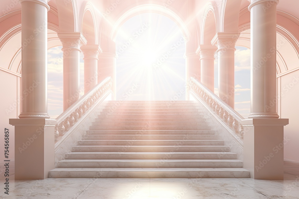 Fototapeta premium Marble staircase ascends towards radiant light, stairway to heaven concept