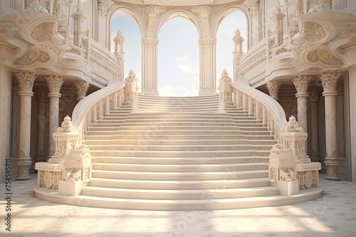 Marble staircase ascends towards radiant light, stairway to heaven concept © neirfy
