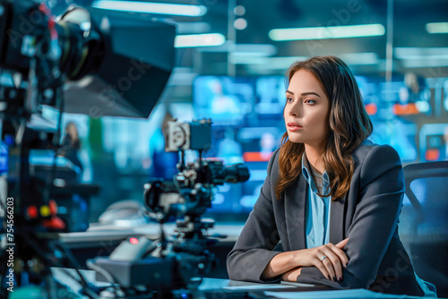 Journalist in recording studio. Reporter facing the camera. Journalism, news, television.