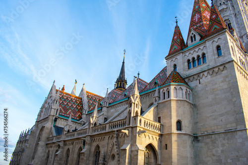 Matthias Church and Fisherman Bastion on Castle Hill in Budapest, Hungary 