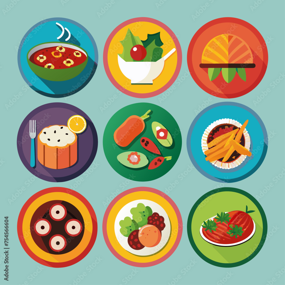 A set of icons for restaurant food on a plate. Flat vector illustration