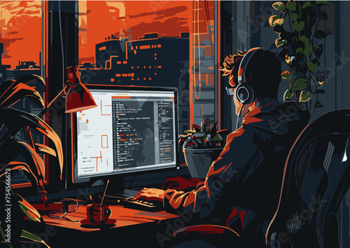 Programmer at work at home in the morning